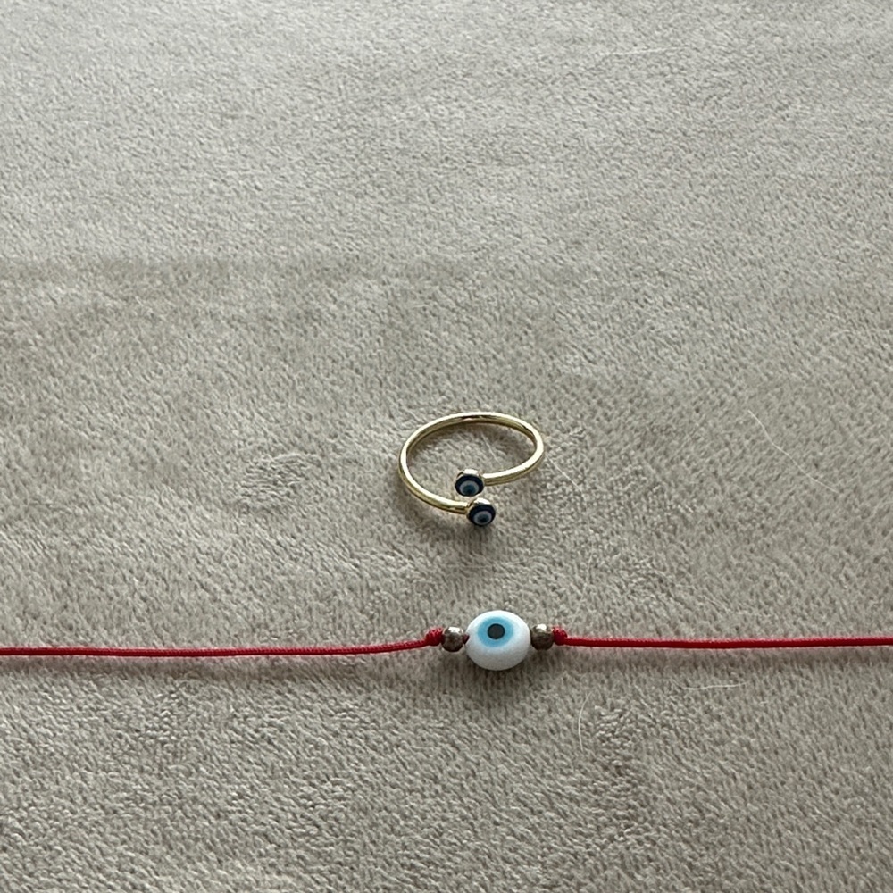 Gold Evil Eye Ring and Red String Bracelet Set